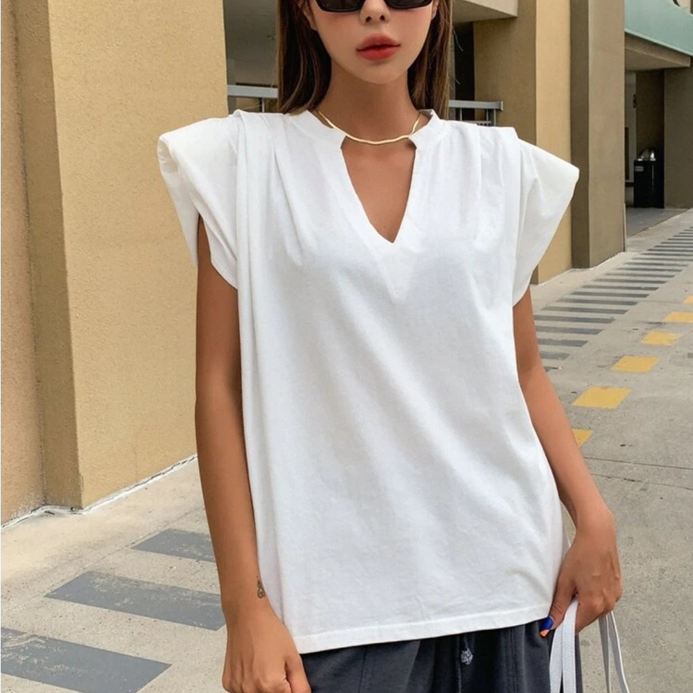 BEIGE V-neck ruched shoulder pad T-shirt tee - Picture 6 of 8